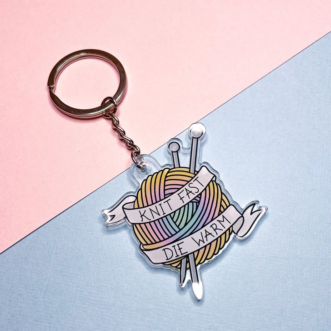 Knit Fast Die Warm Acrylic Keychain